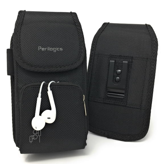 Perilogics Belt Holster made for iPhone 16 Plus, Pro Max, 15 Plus, Pro Max, 14 Plus and Pro Max with Armor Type Phone Cases. Front Zipper Storage and Credit Card Pocket.