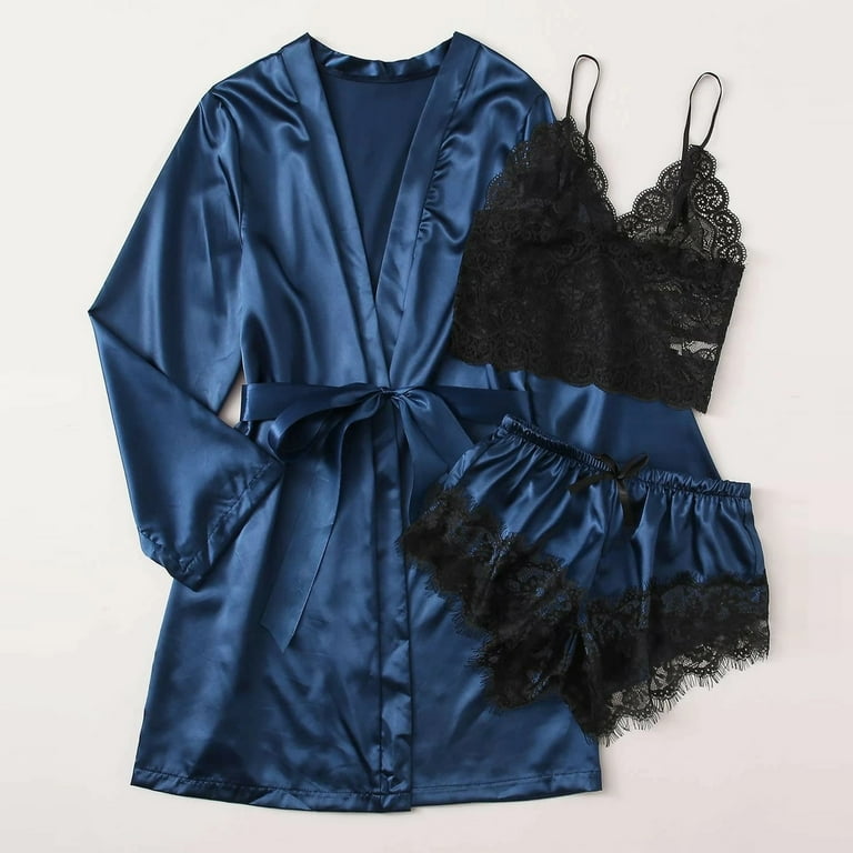 Ruimatai Satin Pajamas Set Women Sexy Lace Nightgown Bra Shorts Sleepwear Lingerie Comfortable Valentine's Day Gift Honeymoon Wedding Night, Women's,