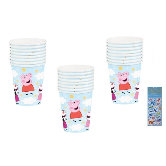 Peppa Pig Birthday Party Supplies Bundle includes 24 Paper Cups and 1 Dinosaur Sticker Sheet