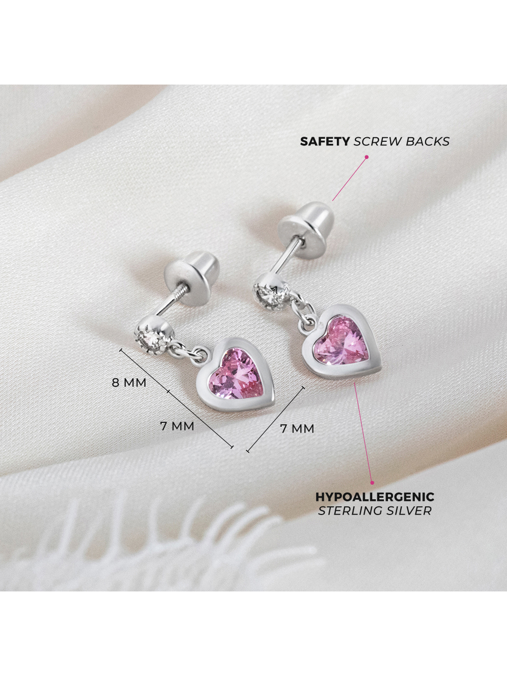 My First Dangle Hearts Pink Kids / Girls Earrings Screw Back - Sterling Silver