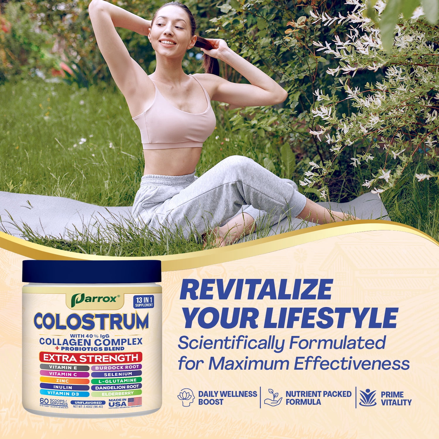 Parrox Colostrum Powder with 40% IgG, Collagen, Probiotics, Burdock Root,  L-Glutamine, Elderberry, Vitamin C, Vitamin E, Vitamin D3, Inulin, Selenium, Dandelion Root, Zinc, 60 Servings (Unflavored)