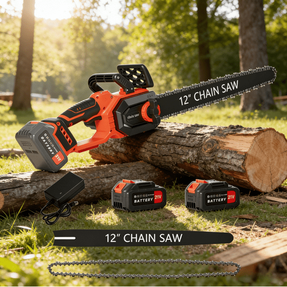 Anvazise 12 Inch Electric Chainsaw,Mini Handheld Chain Saw,Lightweight Tree Trimming Wood Cutting Cordless Chain Saw with 2 Batteries, Charger