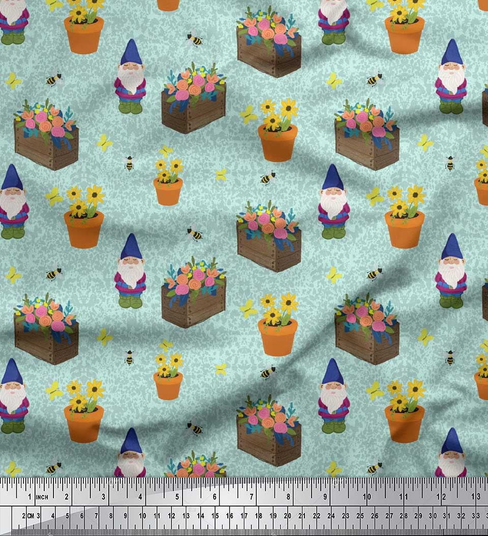 Soimoi Green Heavy Satin Fabric Pot,Flower Bunch & Santa Christmas Print Sewing Fabric Yard 54 Inch Wide