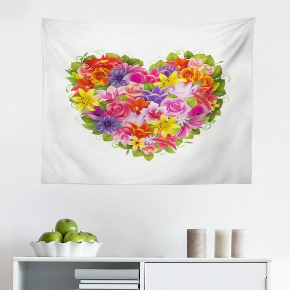Valentines Day Tapestry, Cat Holding Heart Shaped Baloons Romantic Love Themed Illustration, Fabric Wall Hanging Decor for Bedroom Living Room Dorm, 2 Sizes, Vermilion Black, by Ambesonne