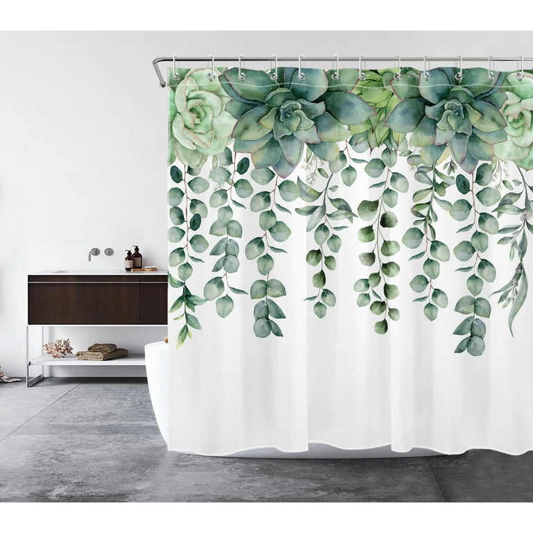 Cactus & Succulent Shower Curtain Set, Watercolor Tropical Bathroom Decor, 70x70 Inches With Hooks, Colorful Flower Design