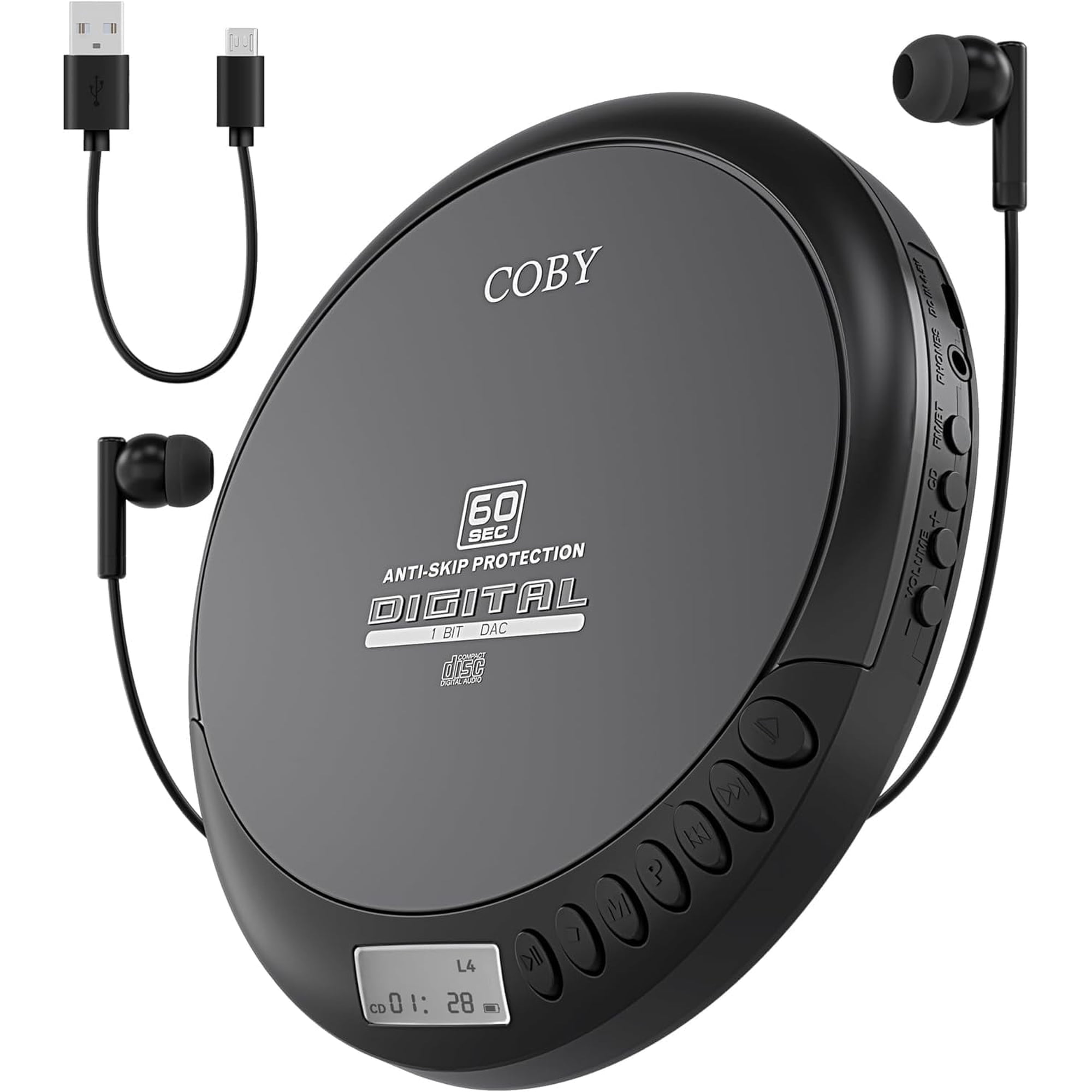 Coby Portable MP3 Compatibility, Built-In FM Radio, 60s Anti-Skip CD Player with Stereo Earbuds
