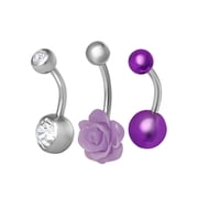 Womens Silver Tone Belly Ring 3-Pack with Purple Crystal and Rose Design, 14G