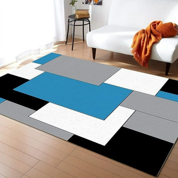 2 x 3ft Blue Rugs For Living Room, Boho Geometric Area Rug For Kids Room Bedroom Decor, Room Decor Aesthetic Comfy Carpet, White Black Grey Modern Area Rug, Washable Rug 