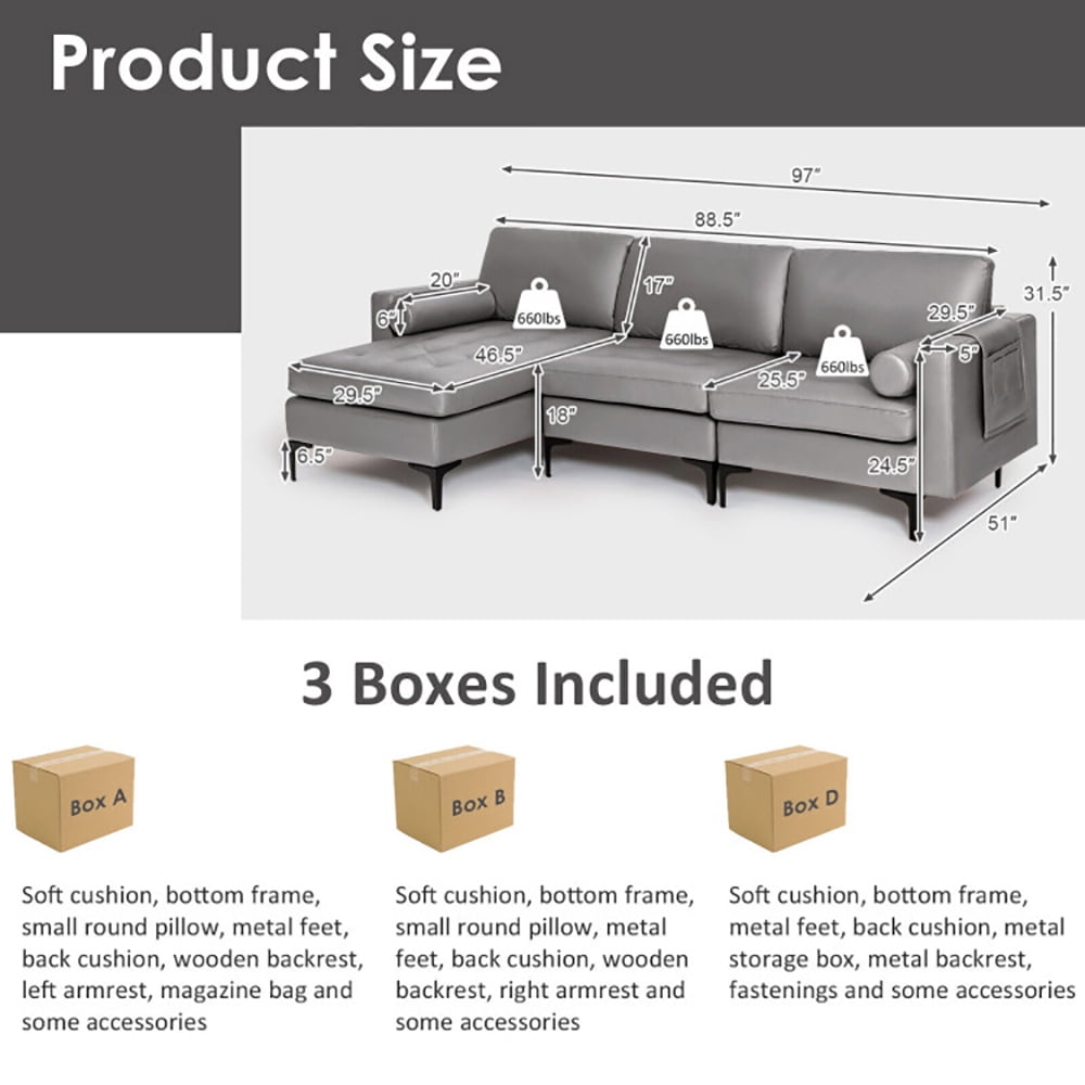 Finihen L-shaped Sectional Sofa Couch, Modular L-shaped 3-Seat Sectional Sofa with Reversible Chaise and 2 USB Ports, for Living Room, Light Gray