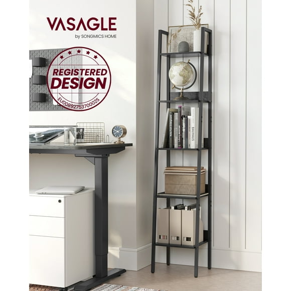 VASAGLE - Estante para Libros, Estante Estrecho de 5 Niveles, Estante de Escalera para Oficina en casa, Sala, Dormitorio, Cocina, Negro ébano y Negro Tinta