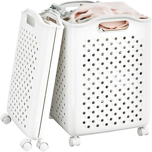 cesto de lavandería plegable y espacioso con ruedas,cesto ropa sucia plastico, Cesto para ropa sucia para dormitorio, habitación y baño(Blanco perla 57L)