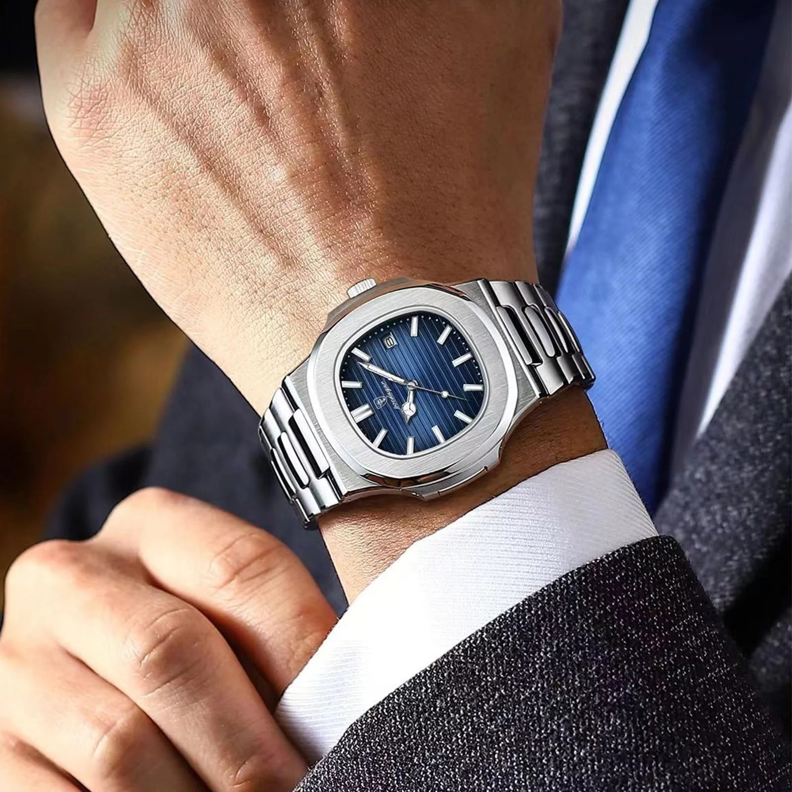 POEDAGAR New Luxury Rose Gold Quartz Watch for Men Stainless Steel Sports Waterproof Luminous Date Fashion Square Men's Watches