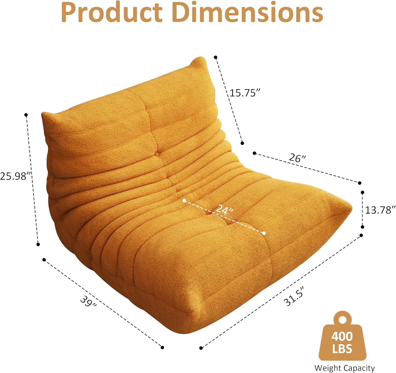 Single Yellow Bean Bag Chair for Adults with Memory Foam Filler, Faux Fur Floor Gaming Sofa for Home or Apartment