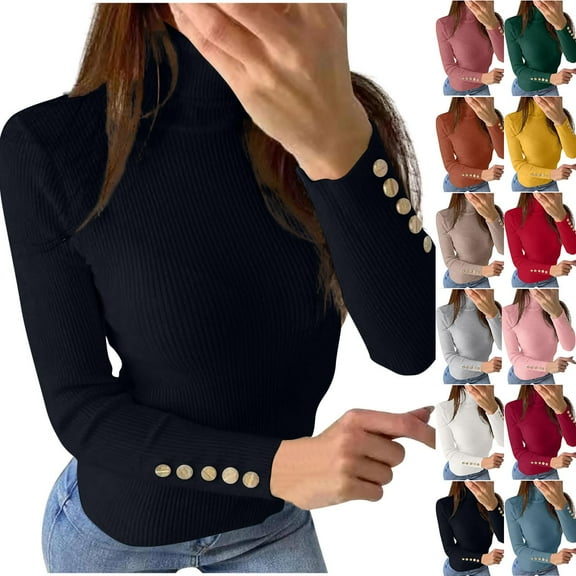 Women's Winter Warm Sweaters Casual Long Sleeved Round Neck Solid Color Button Knitted Base Black Fall Clothing Turtleneck S-XL