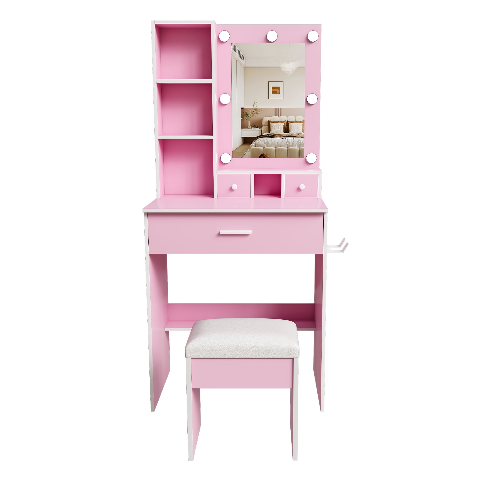 Compact Vanity Table Set with Adjustable LED Mirror, Power Outlet, Hairdryer Holder & Upholstered Stool, Makeup Dressing Desk for Small Bedroom