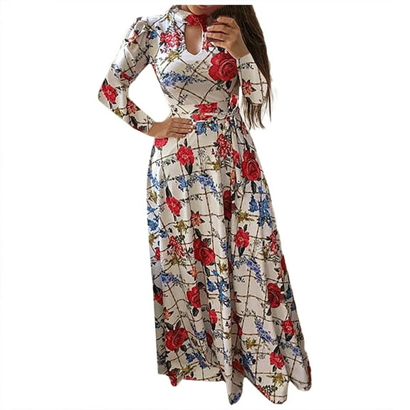 2025 Clearance under $5 asdoklhq Womens Plus Size Clearance Dresses,Women's Long Sleeve Bandage Print O-Neck Button Down Casual Long Dress