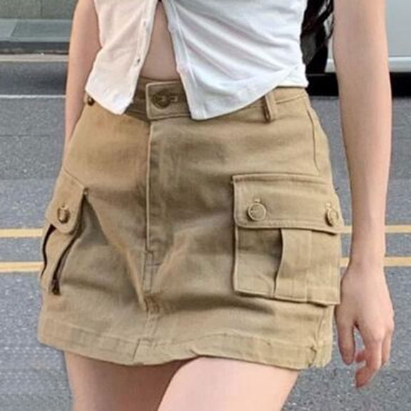 FASHOFT Jean Skirt for Women Solid Cargo Denim Skirt High Waisted Slim Fit A Line Midi Casual Fashion All Match Daily Streetwear Denim Skirts Khaki