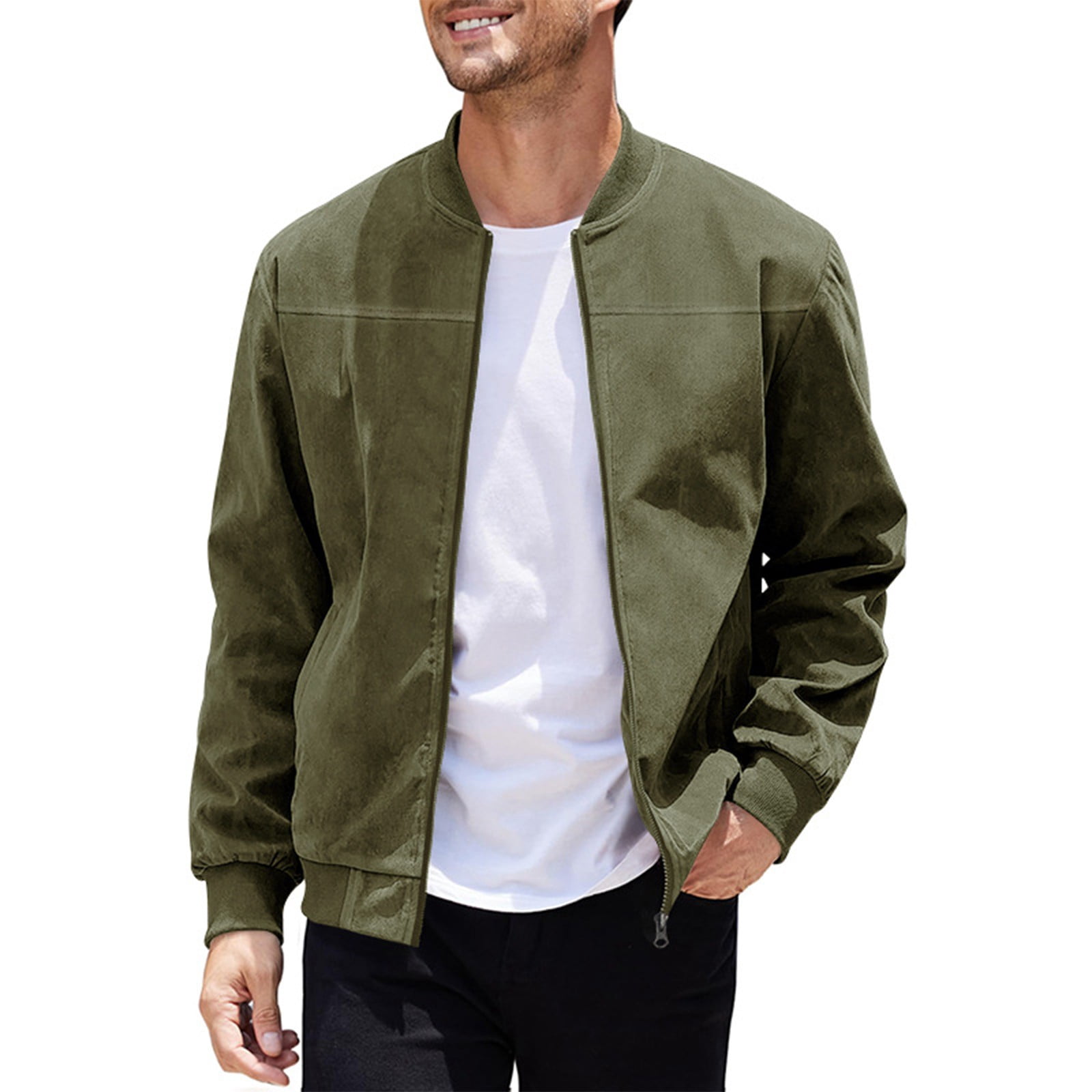 Huresd Mens Genuine Suede Bomber Jacket Leather Casual Varsity Vintage Smart Casual Army Green XL