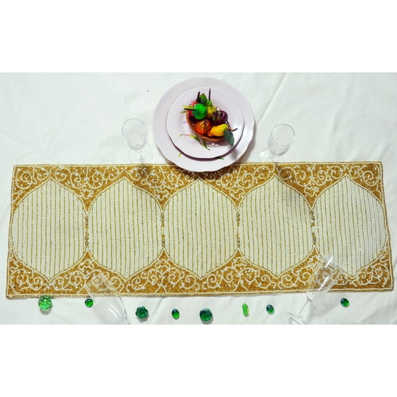 White And Gold Table Runner, Handmade Table Runner, Beads Table Runner, Designer Table Topper 13X36 Inches