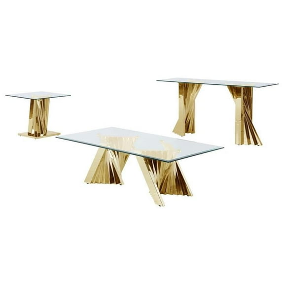 Geometric Clear Glass Coffee   End   Console Table Set with Gold Stainless Steel