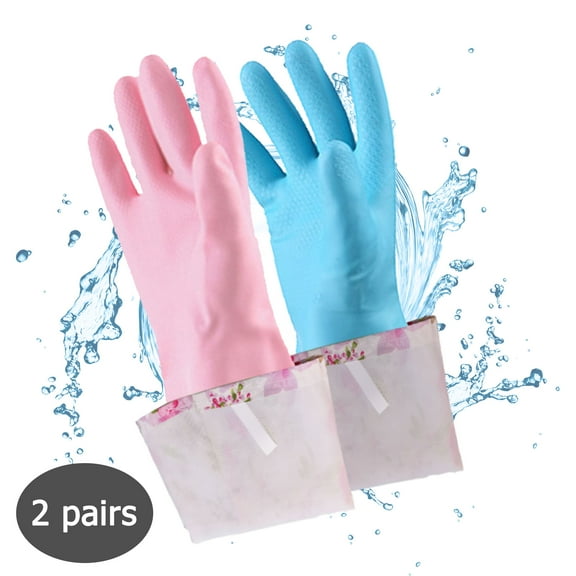 Dishwashing Gloves, Kitchen Rubber Cleaning Gloves, 2 Pair Large(Pink Blue)