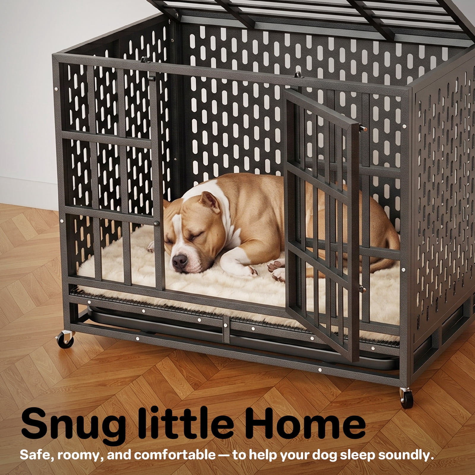 YOKWOK 38 Inch Heavy Duty Dog Crate for Small Dogs, Indestructible Chew-Proof & Escape-Proof Dog Cage for High Anxiety Dogs, Steel Dog Kennel with Locking Wheels & Removable Tray, Black