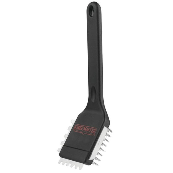 Chef Master Stainless Steel Panini Grill Brush with Scraper with Black Handle - 10"L x 3 1/2"H