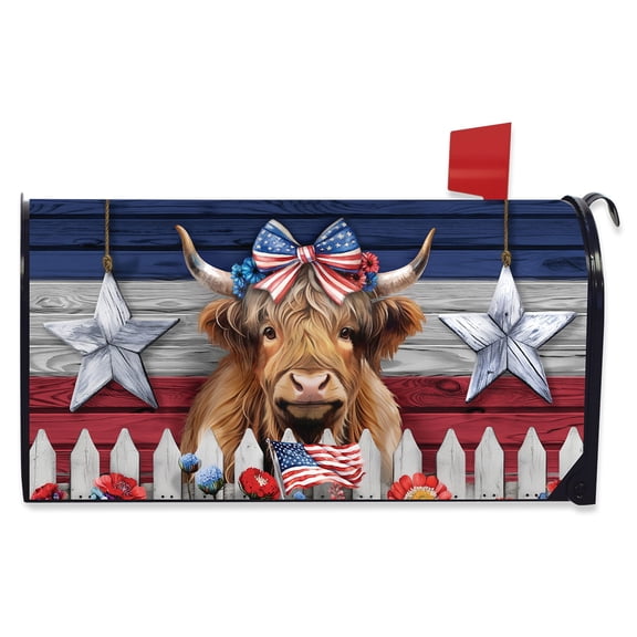Briarwood Lane Summer Mailbox Cover - Oversized - Patriotic Highland Cow Large Oversized For Summer Mailbox Cover
