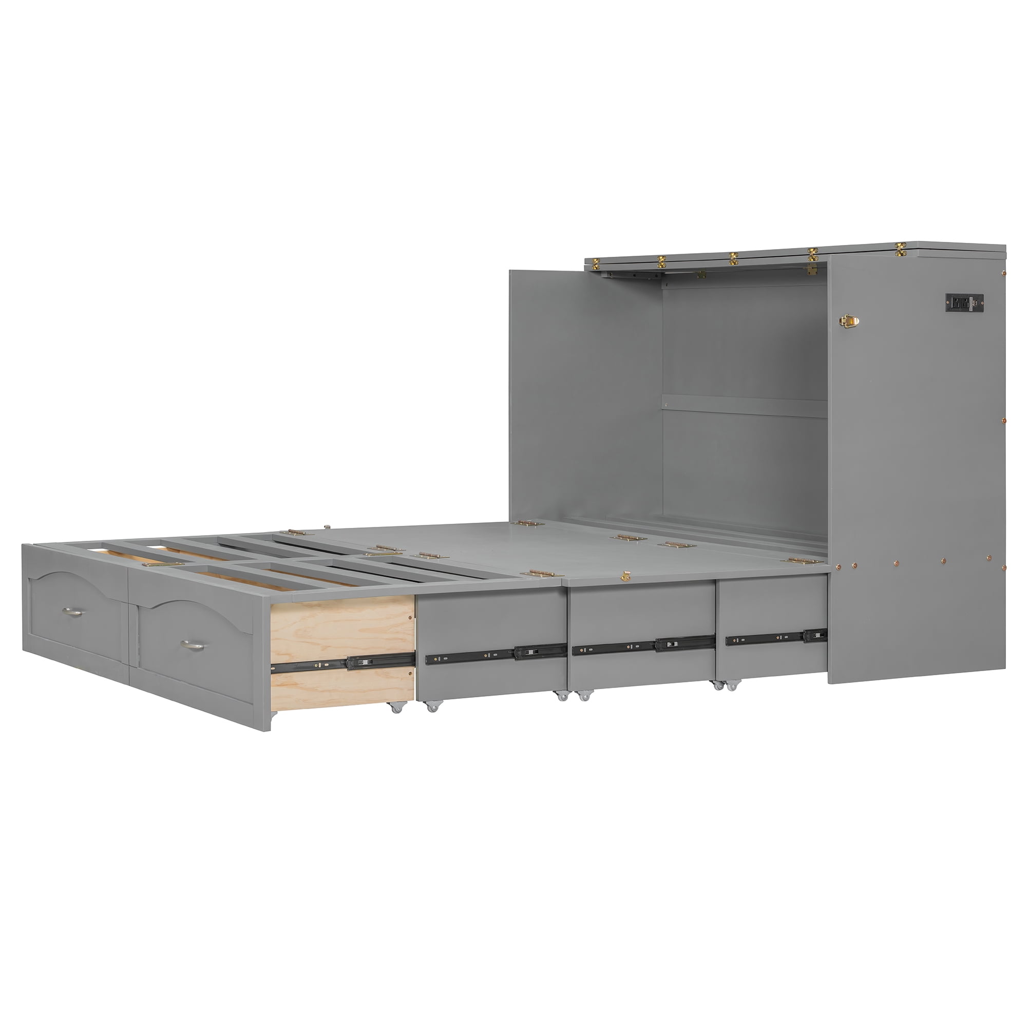 Mintazer Queen Size Murphy Bed with Drawers & Charge Station, Foldable Cabinet Wall Bed for Guest Room Home Office Small Apartment, Gray