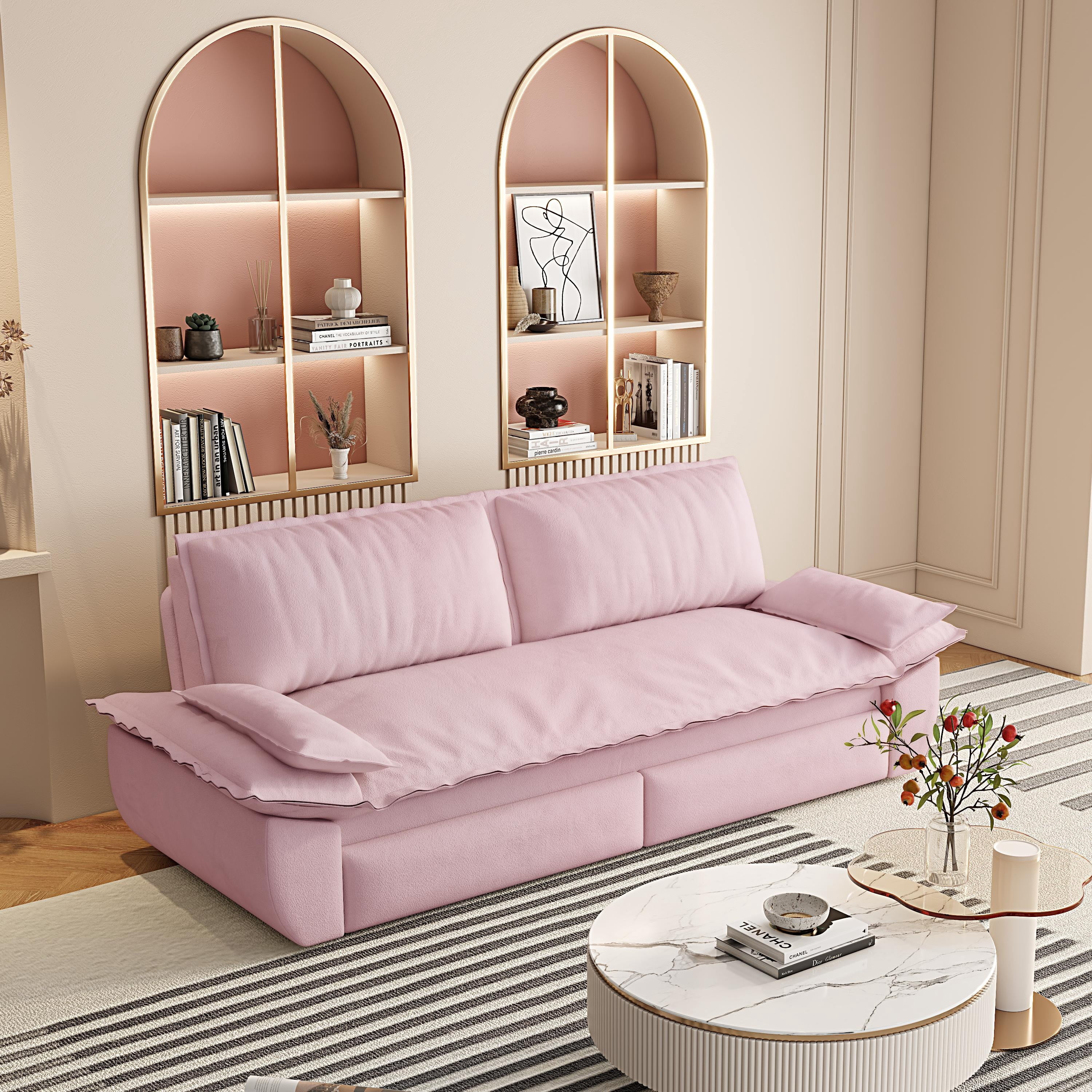 73.2-inch Queen Pull Out Sofa Bed, 3-in-1 Convertible Sleeper Sofa with Velvet Upholstery, Multi-Functional Loveseat Bed for Living Room and Guest Room, Pink