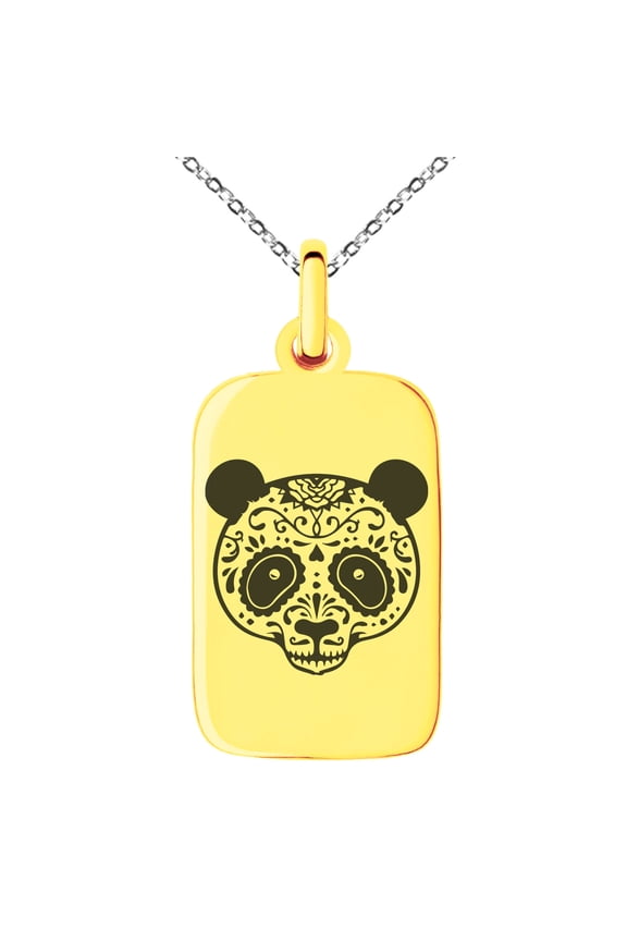 Stainless Steel Day of the Dead Sugar Skull Panda Engraved Small Rectangle Dog Tag Charm Pendant Necklace