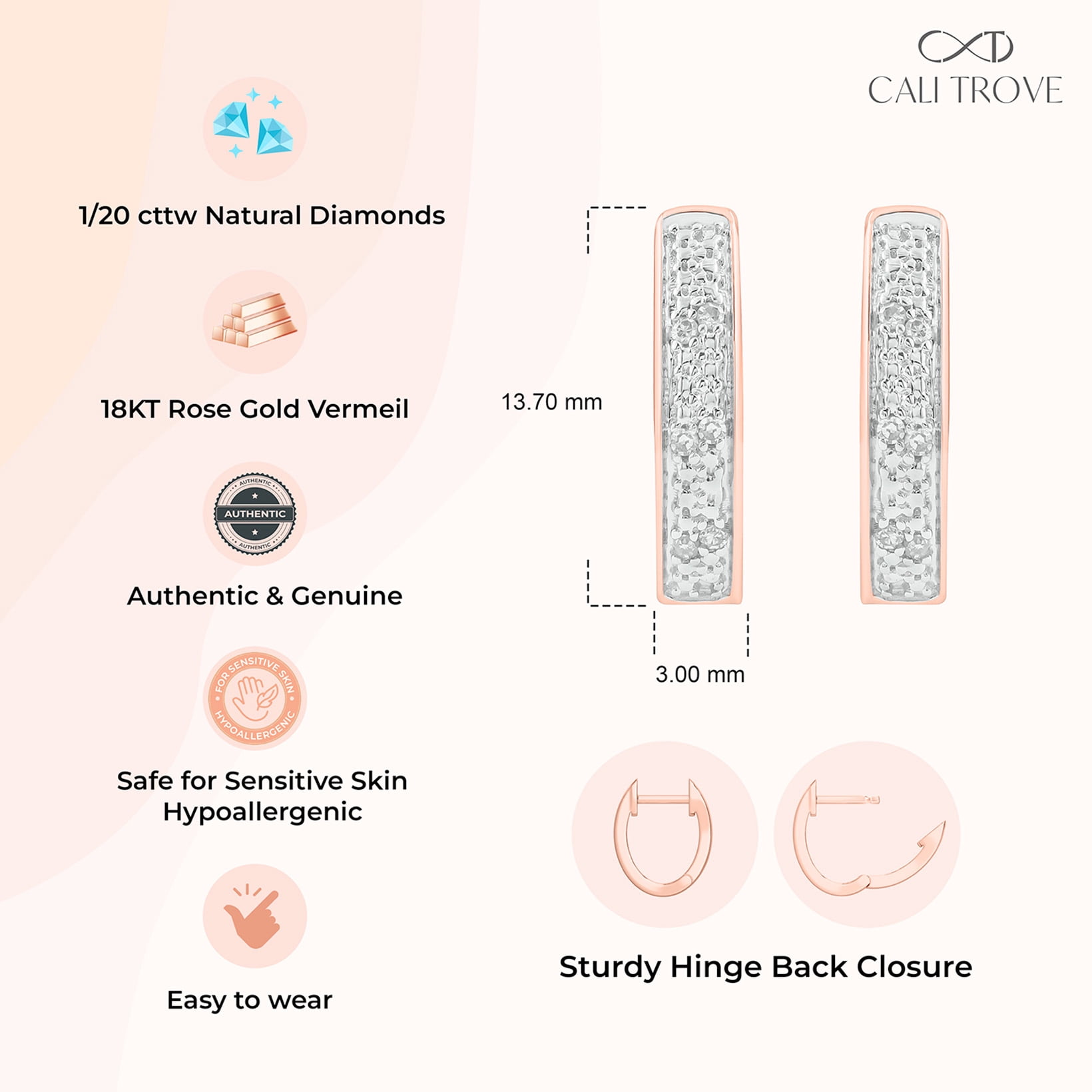 1/20 Ct, 18K Rose Gold Vermeil Diamond Hoop Earrings for Women Gold Earrings for Women