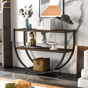 CoSoTower Rustic Industrial Design Demilune Shape Textured Metal Distressed Wood Console Table, Distressed Brown