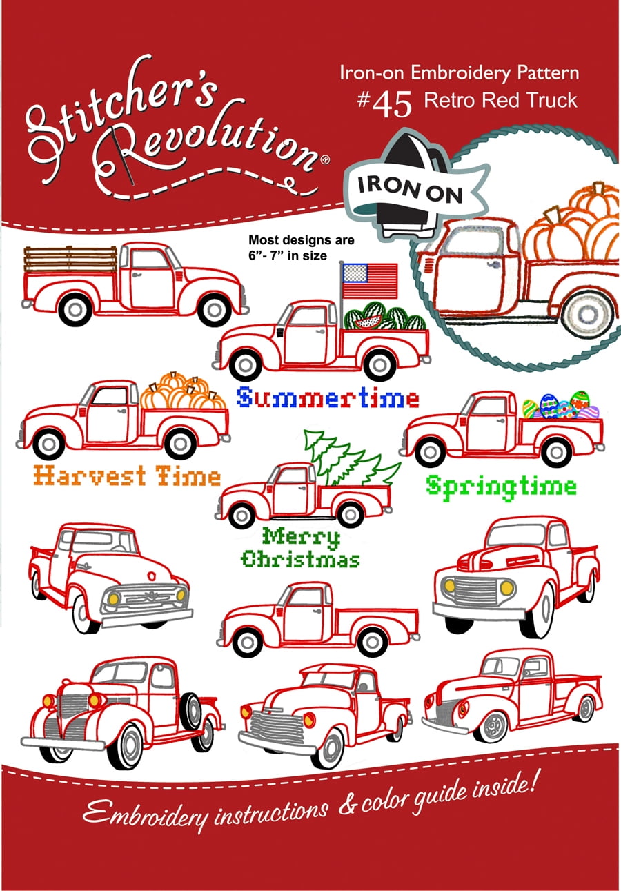 (3 pack) Stitcher's Revolution Retro Red Truck Iron On  Pattern for Embroidery, 11 Designs