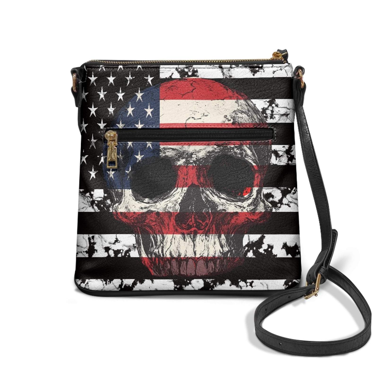 LedBack American Flag Skull Women Crossbody Satchel Handbag Leather Shoulder Bag with Adjustable Strap, Medium Size Messenger Purse Hobo Purse for Shopping Work, Blue