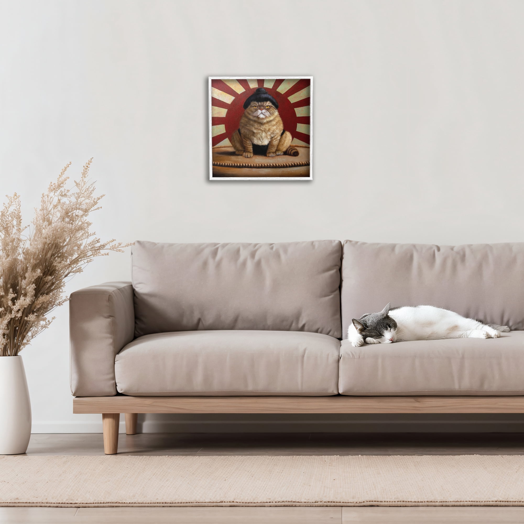 Stupell Industries Sumo Cat with Sun Rays White Framed Giclee Art, design by Lucia Heffernan