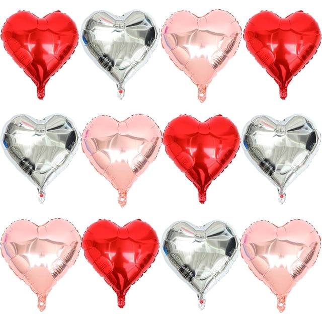 Paquete de globos Aikitub en forma de corazón rojo, oro rosa y plata x12