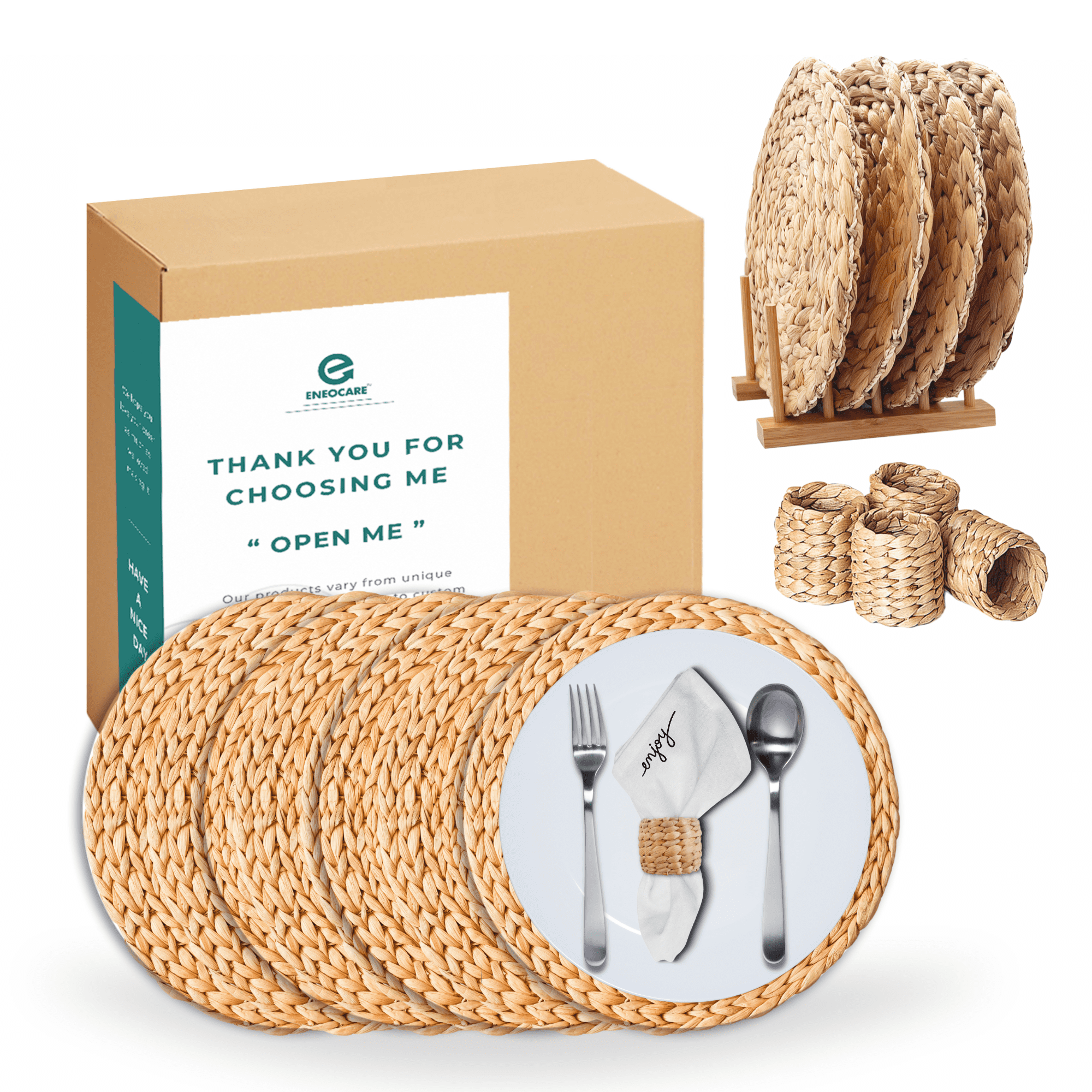 Eneocare Set of 4 Water Hyacinth Placemats, Natural Round Woven