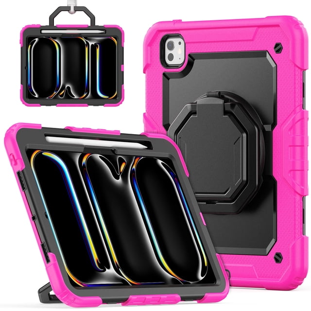 for iPad Pro 11 inch Case (M4 2024/M5 2025), 360 Rotating Shockproof Cover with Stand, Handle, Shoulder Strap, Rose