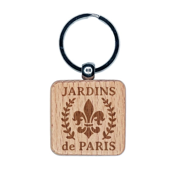 Jardins de Paris Fleur de Lis Square Keychain Charm Tag - Engraved Wood