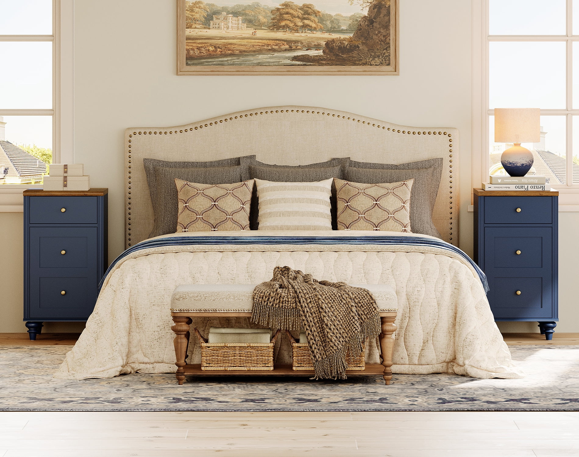 End Table with Charging Station, Nightstand with Power Outlets & USB Ports, Navy Blue, 2 PCS