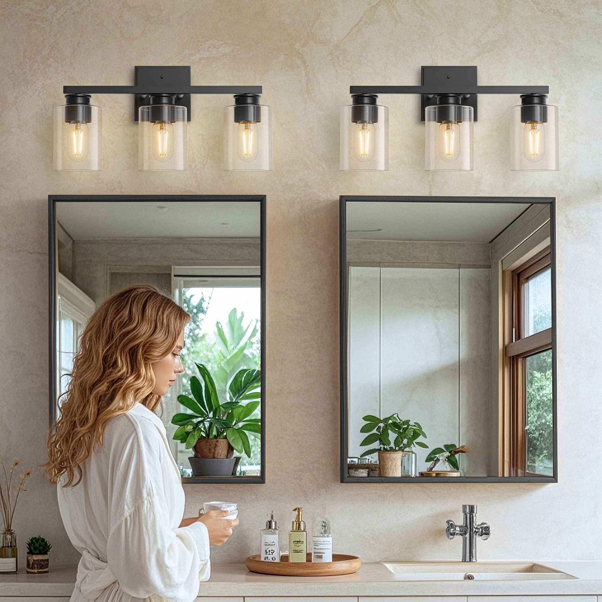 YANSUN 17.7 in 3-Light Black Vanity Light with Clear Glass, Modern Wall Sconces, Bathroom Lighting Fixtures Over Mirror for Living Room, Bathrooms, Powder Rooms, or Vanity Nooks