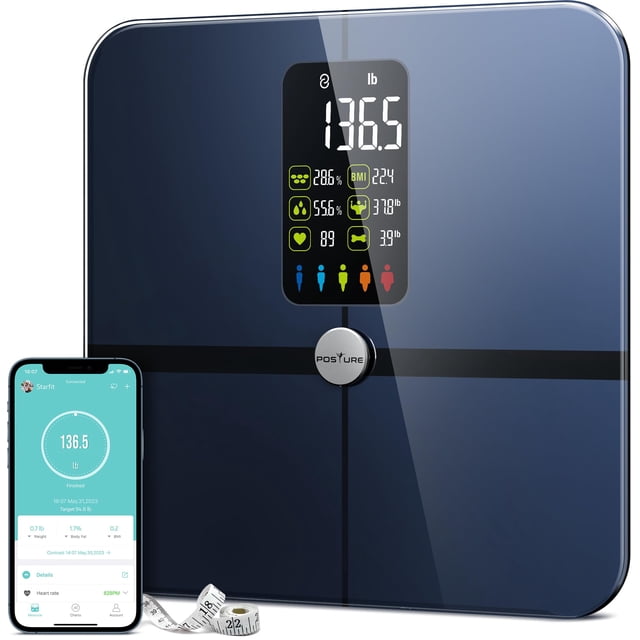 Báscula de grasa corporal, báscula de baño inalámbrica digital con pantalla extragrande, analizador de composición, frecuencia cardíaca, índice cardíaco e índice de forma corporal, con aplicación grat