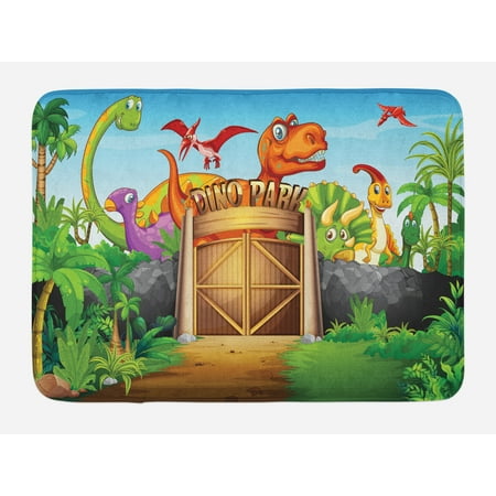 - Zoo Bath Mat, Dinosaurs Living in Park Cartoon Prehistoric Wildlife Forest Trees Door Illustration, Non-Slip Plush Mat Bathroom Kitchen Laundry Room Decor, 29.5 X 17.5 Inches, Multicolor, Ambesonne