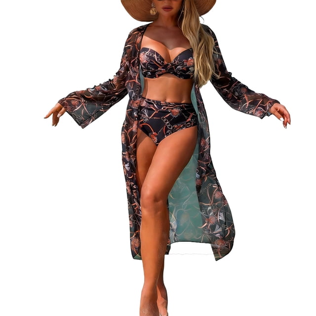 Conjunto de Traje de Baño para Mujeres con Cubierta Impresa Bikini Traje de Baño de Corte Alto Ropa de Playa
