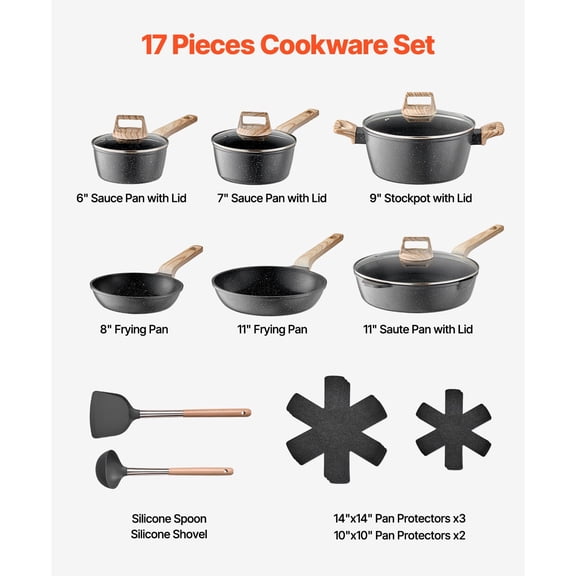 17 Piece Pots&Pans Set Nonstick,Granite Cookware Set,Induction Cookwares,Kitchen RV Cooking Sets with Frying,Sauce,Saute,Tempered Glass Lids,and Pan Protectors,Black