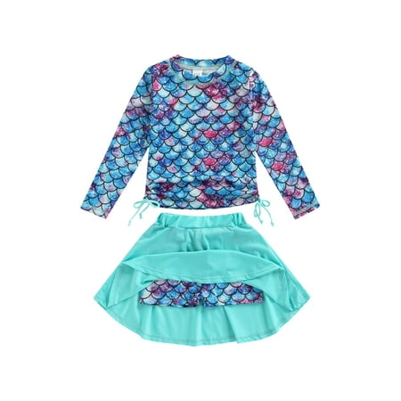 

ZIYIXIN Summer Kids Girls Bikini Sets Swimsuits Floral/ Fish Scale Print Long Sleeve Tops+Shorts Skirts 2pcs Set Blue 4-5 Years