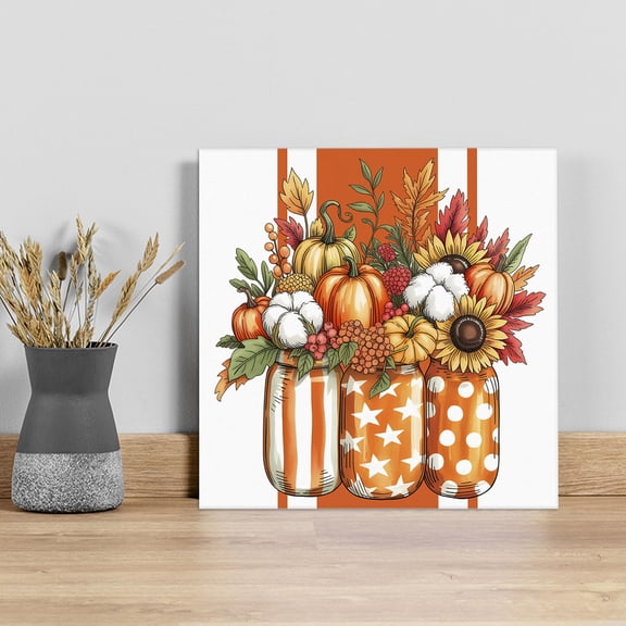 Burnt Orange Floral Wall Art Painting on Canvas, Rustic Pumpkin Sunflower Botanical Striped Canvas Art Home Prints Wall Art Framed Modern Artwork for Living Room Bedroom Wall Decor 16x16in