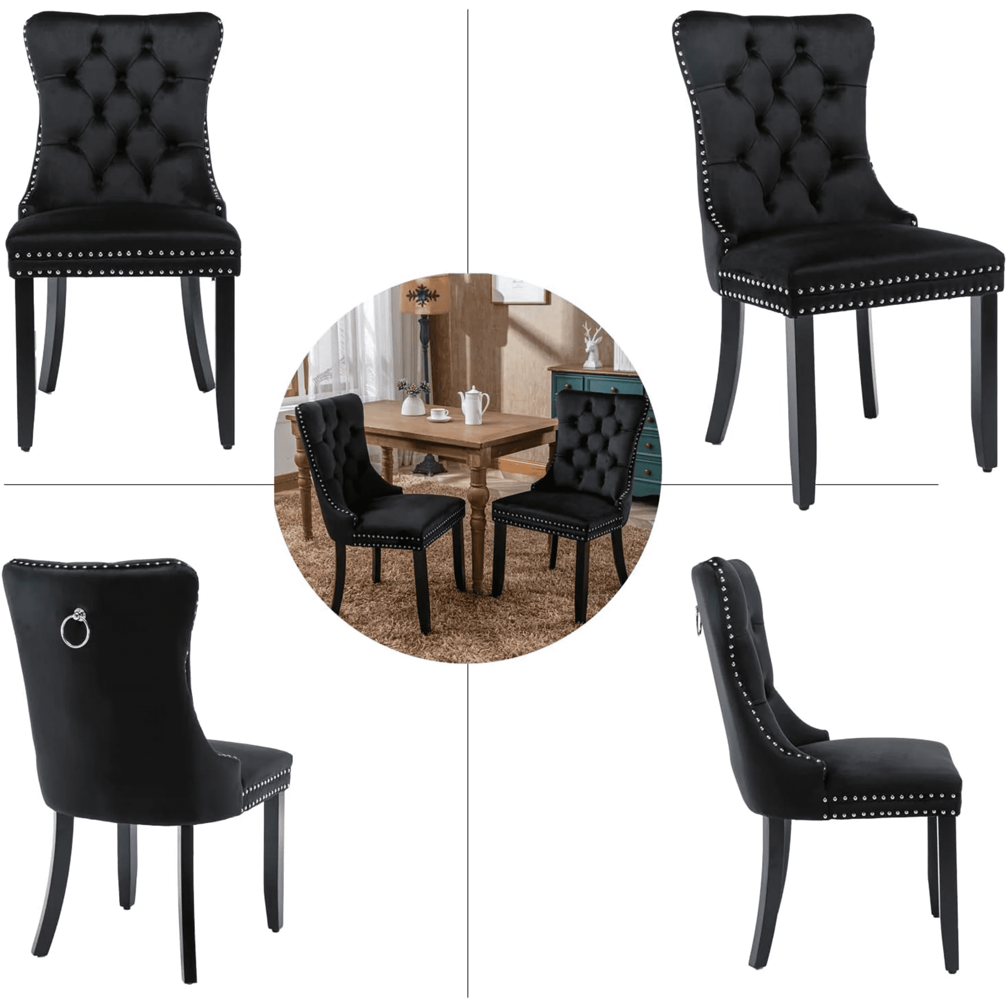 Dining Chairs Set of 2, Upholstered High-End Tufted Dining Room Chair with Back Ring and Nailhead Trim, Modern Velvet Kitchen Chairs with Solid Wood Legs for Kitchen, Home,Black