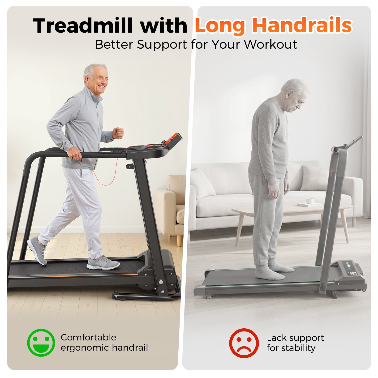 OBENSKY Walking Treadmills for Senior for Home with Long Handrail 300 lbs Weight Capacity Foldable Recovery Fitness Exercise Machine 3.0HP Running with Cup Holder With APP